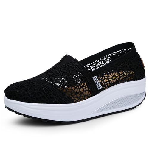 Women's Floral Embroidery Lace Mesh Air Cushion Sneakers,Comfortable Orthopedic Diabetic Walking Toning Shoes Breathable Slip on Platform Loafers Casual Fashion Rocker Shoes