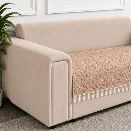 Image of STITCHNEST 'Frostvine Collection' 2 Seater Sofa Cover| Cotton Quilted Fabric, Decorative Tassels, Washable & Durable for Modern Living
