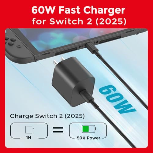 Image of 10ft Charger for Nintendo Switch 2-20V 3A 60W AC Adapter Fast Charging with 10ft USB C Cable - Compatible with Switch /OLED /Lite /Steam Deck - Support 4K TV Mode - Original Quality