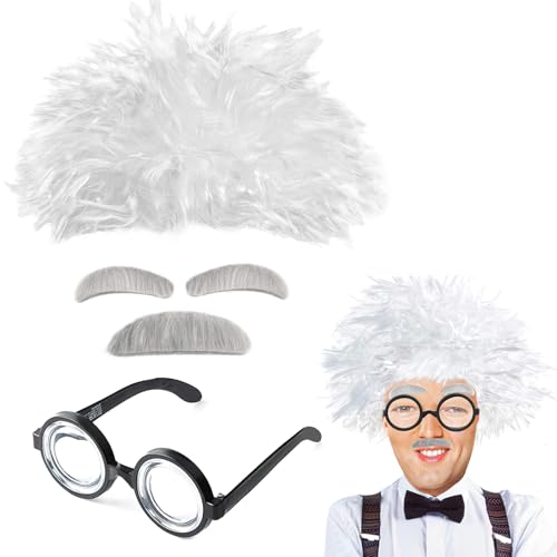 BTHRORO Déguisements de Professeur, Déguisement de Scientifique Moustache et Sourcils Blanc Perruque Grand-père Perruque Lunettes Nerd pour Cosplay Carnaval Halloween Costume Fête