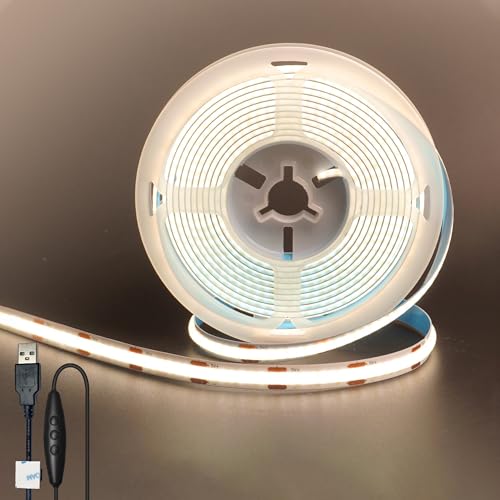 Image of 5V 8mm Width USB COB LED Strip Lights with Dimmable Switch,Natural White 4000K,320LEDs /M,8W /M,CRI90,6.56FT /2M,Electroplated Double-Sided Panel Light Strip,IP20,for Indoor Decoration