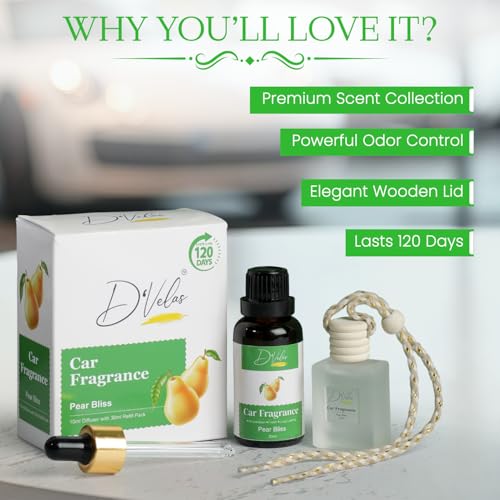 Image of D'Velas 40ml Car Fragrance Diffuser Set - Long-Lasting Upto 120 Days | Pear Bliss | No Paraben | Elegant 10ml Wooden Lid Bottle with 30ml Refill | Perfume Diffuser | Odor Eliminator for Car Interior