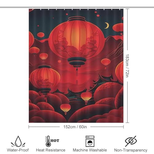 Rideau de douche lanterne chinoise en tissu haut de gamme lavable de dimensions 152x183cm