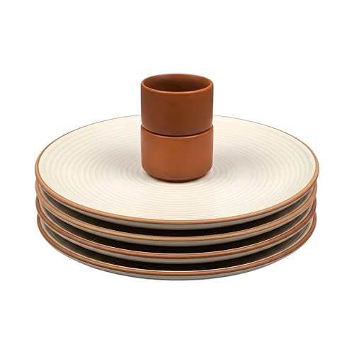 Image of miah decor Dinner Plates Ceramic Set of 4 (10 inch) & Mini Dip Bowl Set of 2 (2.5 inch) | Handcrafted Stoneware Ribbed Off White Matte Finish Plate for Dining & Gifting | Microwave & Dishwasher Safe