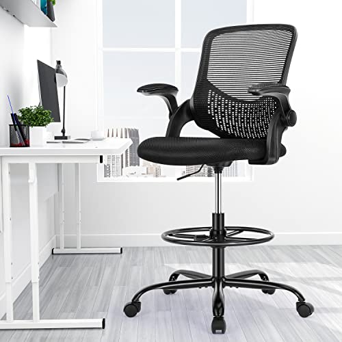 Sweetcrispy Drafting Chair, Home Office Chair Desk Chairs With Wheels, Tall Office Stool Chairs With Adjustable Foot Ring, Flip Up Arms,Swivel Rolling Chair Lumbar Support, Black #TOP25