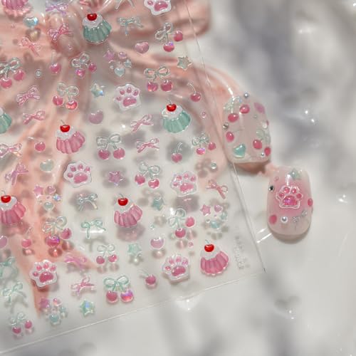 Image of 5D Embossed Cake Nail Sticker for Nails Art Pink Nail Decals Cherry Bow Nail Art Stickers Cute Nails Decal Self Adhesive Manicure Supplies Decoration for Women Girls Kid