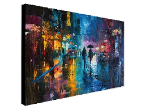 Peinture de paysage urbain nocturne abstrait contemporain sur toile avec cadre de 80x140 cm