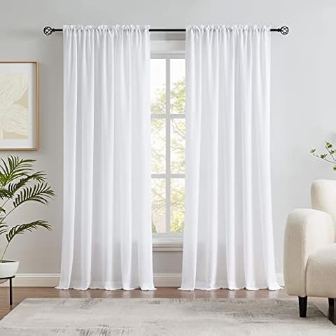 Melodieux White Velvety Semi Sheer Curtains 96 Inches Long for Bedroom, Living Room Soft Texture Rod Pocket Voile Drapes, 52 by 96 Inch (2 Panels) Cover