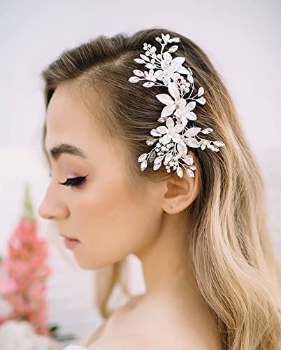 SWEETV Handmade Wedding Hair Comb,Pearl Flower Bridal Hair Clip Hair Accessories for Women Wedding