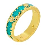 EjszaKod Anillo de estilo medieval vintage esmaltado de color turquesa plateado chapado en oro, circonita verde malaquita, apilable, elegante, anillos de amistad para mujer, talla 6 a 9