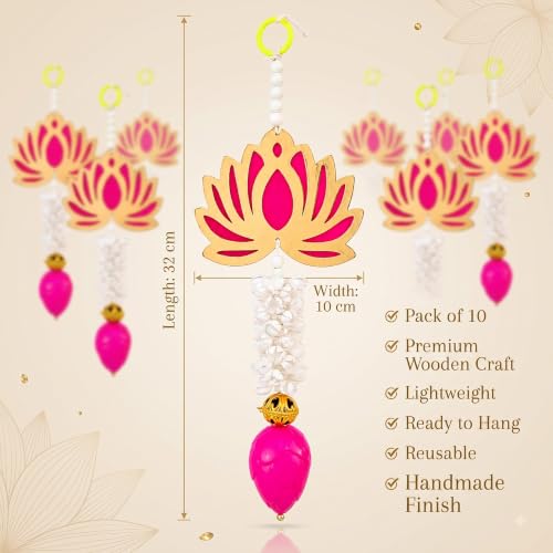 Image of JH Gallery Lotus Bud Tassel Hanging for Ganpati Decoration Setup for Home - Handmade Ganesh Chaturthi Backdrop, Pooja Room, Mandir & Main Door Toran (13 Inch, Pack of 10)