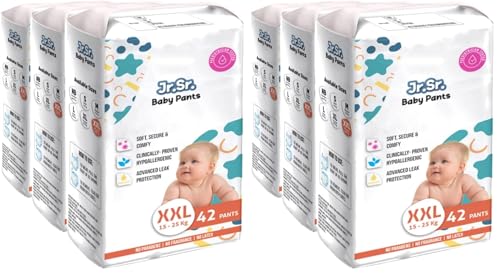 Image of Jr. Sr. Baby Diaper Pants | XXL Size (15-25 kg), 126 Count | Pack of 6 | Upto 12 hr Absorption with Advanced Leak Protection | Safe For Babies Skin | Soft, Secure & Comfy