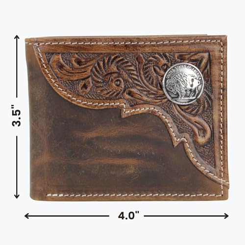 American Bison Tooled Side Bifold Wallet with Conchos–Oil Pull Up Classic Western Craftsmanship & RFID Protection (Buffalo Nikle, Brown)2
