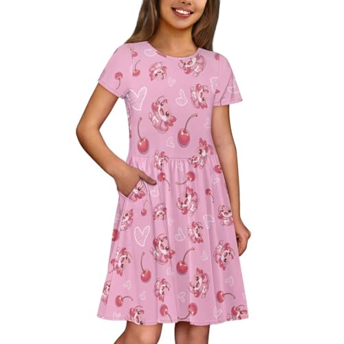 Image of Girls Dress with Pockets Basic Short Sleeve High Waist Swing Skater Dress School Party Dress for Kids