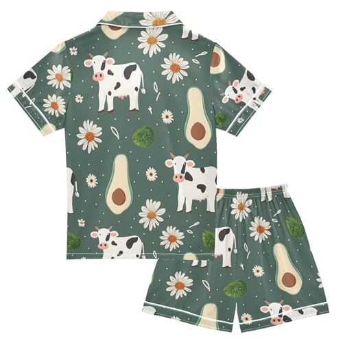 ALAZA Cow Daisy Flower Avocado Pajamas Satin Pajama Set Short Sleeve Button Down Sleepwear2
