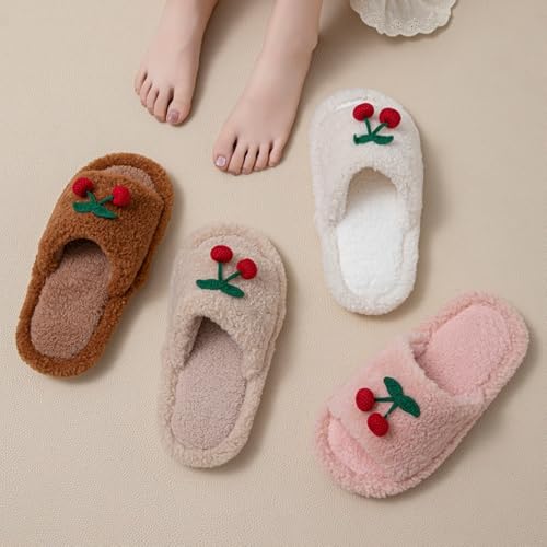 Cherry Slippers for Women Open Toe Fluffy House Slides - Ultra Soft Cozy Cute Bedroom Indoor Comfort Shoes, Holiday Christmas Gifts4
