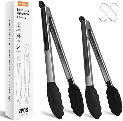 Stainless Steel&Silicone Food Tongs Set of 2 (9+12 Inch)-BPA-Free&Non-Toxic Heat Resistant Non-Scratch BBQ&Cooking Tools,Strong Grip Locking for Grilling,Air Fryer,Salad,Dishwasher Safe