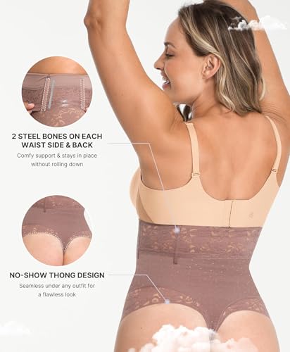 Image of SHAPELLX Tummy Control Shapewear for Women High Waisted Shaping Thong Faja | Hook zipper closure, high waist, airslim, under dress, no panty lines, no rolling, breathable mesh, for daily wear, formal