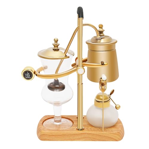 Belgian Belgium Royal Family Balance Syphon Siphon Coffee Maker Vacuum Brewing System, Vintage Classic Retro Luxury Exquisite Design, Elegant Double Ridged Fulcrum with Tee handle (Classic Gold)