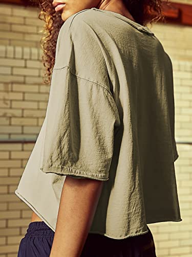 Cropped T Shirts For Women Summer Short Sleeve Crop Tops Oversize Workout Athletic Gym Shirts Olive L #TOP4