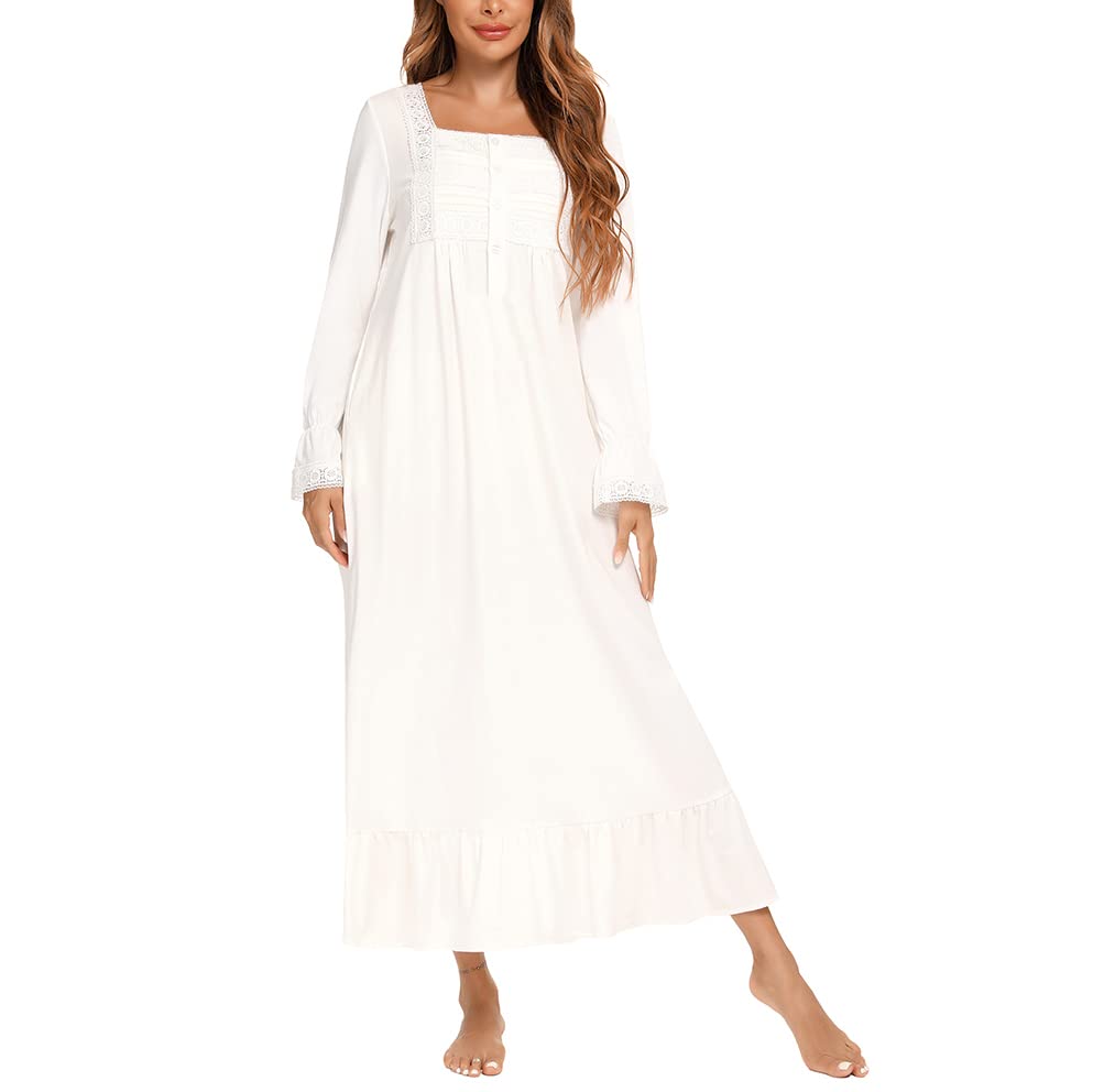 DreamskullWomen's Long Sleeve Vintage Nightgown Cotton Lace Button Front Nightdress Victorian Style Nightie Long Sleep Dress Lounge Dresses with Pockets