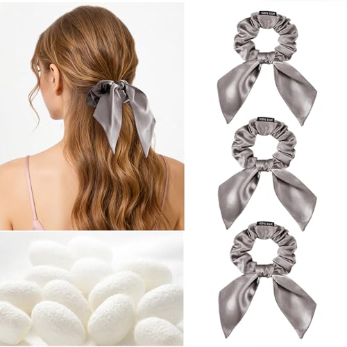 Image of THXSILK 100% Mulberry Silk Bow Scrunchies 3-Pack, 22 Momme Mulberry Silk Hair Ties for Women, Cute Bunny Ear No Damage Ponytail Holders, Fashion Hair Accessories for Girls(M, Grey)