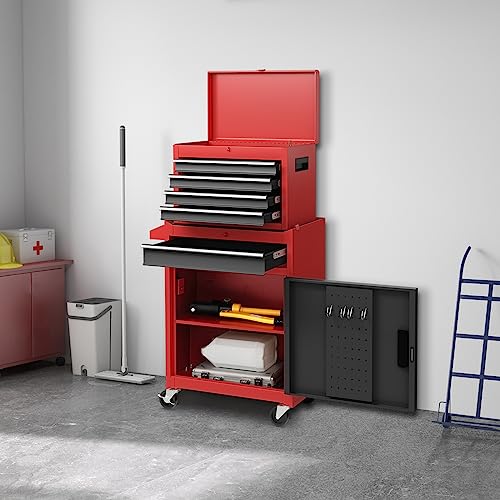 COSTWAY Large Rolling Tool Cabinet, 2-in-1 Detachable Metal Tool Chest with Drawers, Wheels, Handle & Hooks, Lockable Tool Box Trolley for Garage Workshop (5 Drawer with Adjustable Shelf, Red+Black) 2 COSTWAY Large Rolling Tool Cabinet, 2-in-1 Detachable Metal Tool Chest with Drawers, Wheels, Handle & Hooks, Lockable Tool Box Trolley for Garage Workshop (5 Drawer with Adjustable Shelf, Red+Black) - Image 2