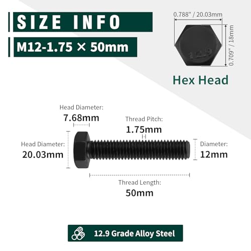 Image of M12-1.75 x 50mm Hex Bolts, 12.9 Grade Alloy Steel, Black Oxide Finish, Full Thread, Coarse Thread UNC, Hexagon Head Bolts 10 PCS