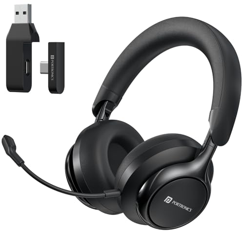 Image of Portronics Muffs M7 Over Ear Headphone with USB-A & Type C 2.4Ghz Receiver, Detachable Boom Mic, Upto 50 Hours Playtime, Deep Bass, Bluetooth V5.4, 40mm Dynamics Driver, Type C Fast Charging(Black)