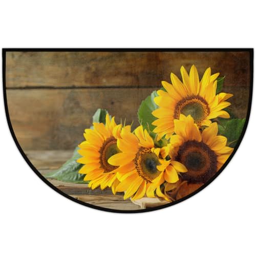 Image of cfpolar Half Round Door Mat Wood Sunflower Flower Floral Non-Slip Semi Circle Area Rug Washable Half Moon Hearth Rugs for Indoor Outdoor Bathroom Kitchen Patio Runner Mat Laundry Room Home Decoration