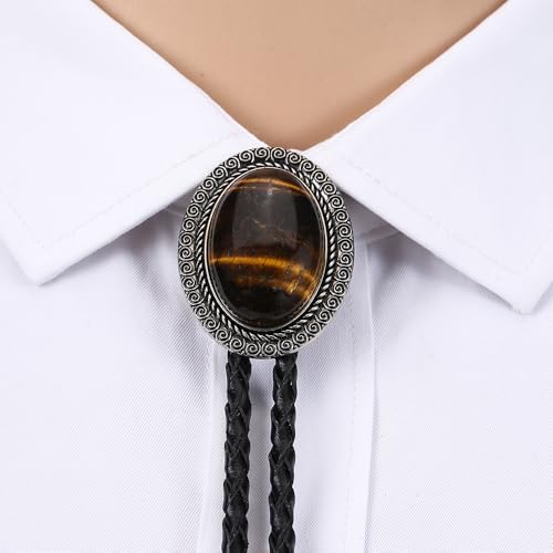 Image of AZORA Western Cowboy Bolo Tie Men Leather Necktie Leather Cord Turquoise Stone Bolo Ties for Men Women