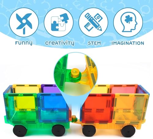 Image of ANVIE & ABEER Set of 20 Pcs Big (75mm) Magnetic Tiles with 2 Car Chassis of Random Colour | Magnetic Building Blocks | STEM Educational Construction Toy for Kids Boys & Girls