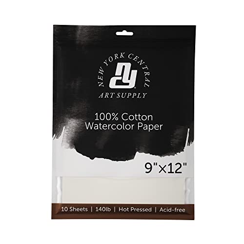 New York Central Watercolor Paper - 9x12-1 Pack of 10 Sheets, 140 lb. Hot Press - 100% Cotton, Acid-Free, Archival Quality, Bright White Watercolor Paper Pad for Wet & Dry Media