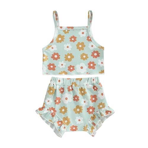 Newborn Baby Girl Summer Clothes Flower Sleeveless Cami Tank Tops Elastic Waist Shorts Cute 2Pcs Outfit Set (Green, 12-18 Months)