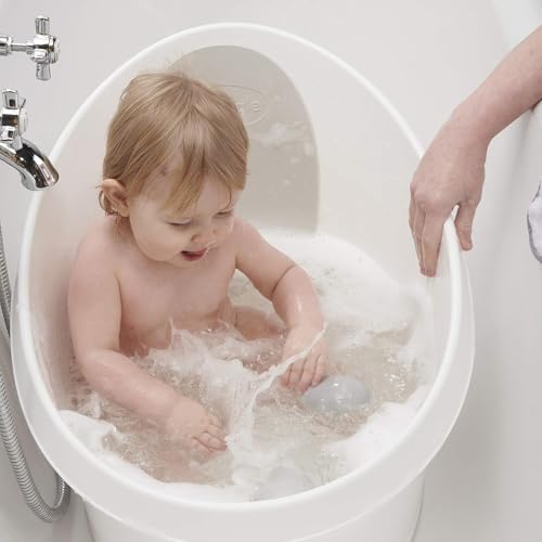 Image of Toddler Bath Tub | Larger Bath for Bigger Kids at Bathtime | Includes Warm and Soft Foam backrest | Grippy Anti-Slip Surface | Includes Easy Drain Bath Plug | White & Grey