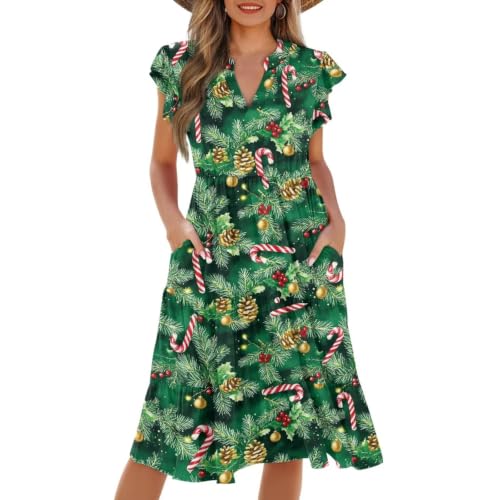 Image of Womens Summer Dress Ruffle Sleeve V Neck Dress Casual Fit Flowy Beach Vacation Sundress with Pocket S-2XL