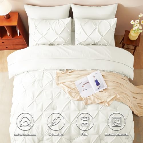 CozyLux King Size Comforter Set Ivory, 7 Pieces Pintuck Bed in A Bag Ivory Comforter King Size, Pinch Pleat Bedding Set with All Season Comforter, Sheets, Pillowcases & Shams