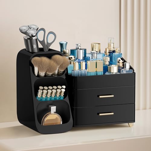 Image of HBlife Cologne Organizer for Men Makeup Organizer with Brush Holder for Vanity, Large Plastic Bathroom Countertop Organizer Skin Care Storage, Fathers Day Gift for Dad Husband, All Black