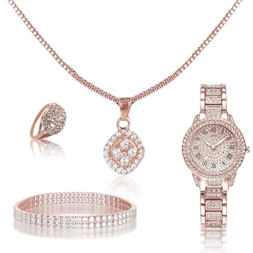 Solimart Luxury Womens Gift Set of 5Pcs - Necklace Watch Bracelets & Rings | Jewelry Set for Women | Gift for Wife Girlfriend Mother | Anniversary Birthday (ROSE GOLD STANDARD)