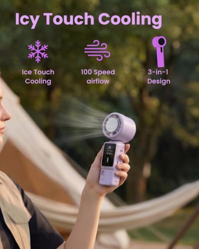 Image of SEVENAIRE SS39 Portable Hand Fan Rechargeable - with Ice Touch Cooling | Upto 12 Hr battery| 16000 RPM | 100-Speed, Digital display | Foldable | 3-in-1 Turbo Fan for summer for Indoor /Outdoor (Purple)