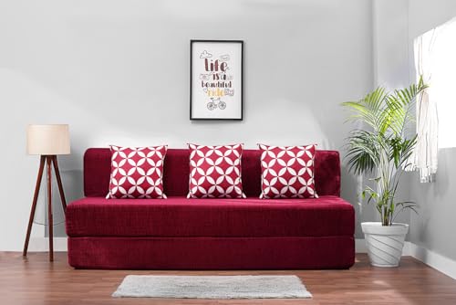 Image of Convertible Fabric Sofa Cum Bed | Foldable Double Foam & Washable Cover with Cushions | Modern Design Use Living Room & Guest Room (Maroon-Multi-Star, 6X6 Ft)