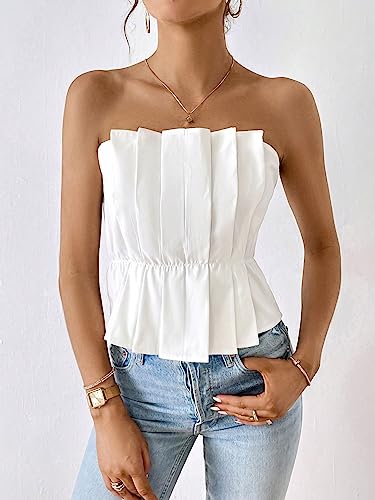 SweatyRocks Women's Strapless Pleated Tube Top Elegant Summer Flare Hem Crop Tank Tops3