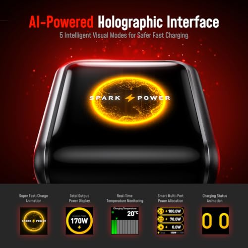 Image of AOHI SUPERAUTO 170W Car Charger with TFT Smart Display, 140W PD 3.1 USB C Fast Charging Car Adapter, Compatible with MacBook Pro, Laptops, iPhone 17 Pro Max, Galaxy S25 Ultra