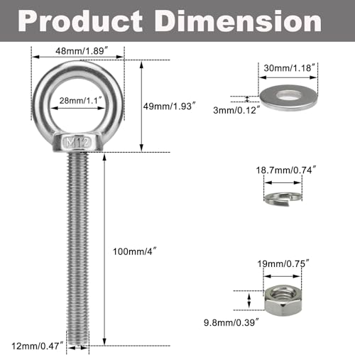 Image of M12 x 100mm Stainless Steel Eye Bolt with Nuts 2 Pack, 15 /32 inch x 4 inch Long Shoulder Lifting Ring Eye Bolt for Boat & Hanging, Heavy Duty Marine Grade Threaded Eyebolts for Tie Down Outdoor