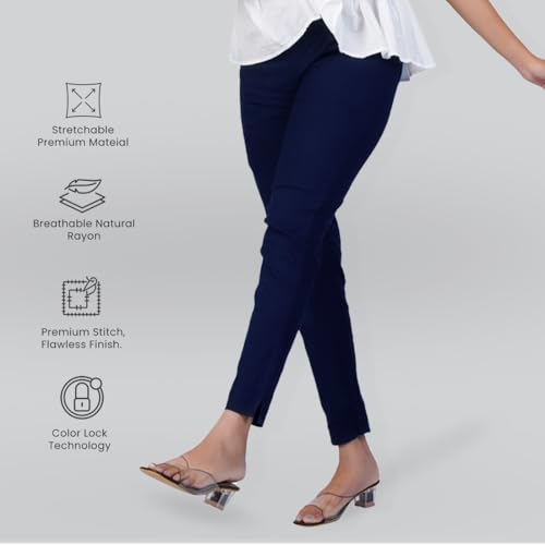 Image of Happy Bunny Cotton Blend Lycra Kurti Pants for Women, Soft 30% Stretch Full Length Trousers with Elastic Waist & Zip Pocket, Ideal for Office, Work, Casual, Home Wear Breathable Slim Fit