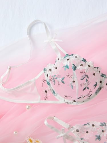 Image of Lilosy Sexy Underwire Cute Push Up Strappy Embroidered Mesh Sheer Lingerie Set See Through Panty Bra