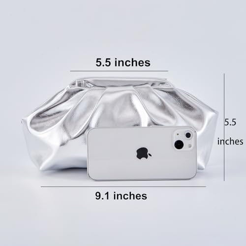 Image of BRYCTSISEN Pleated Evening Vegan Leather Clutch Handbag Purse Metallic PU Cloud Shoulder Bag for Women Evening Purse Handbag