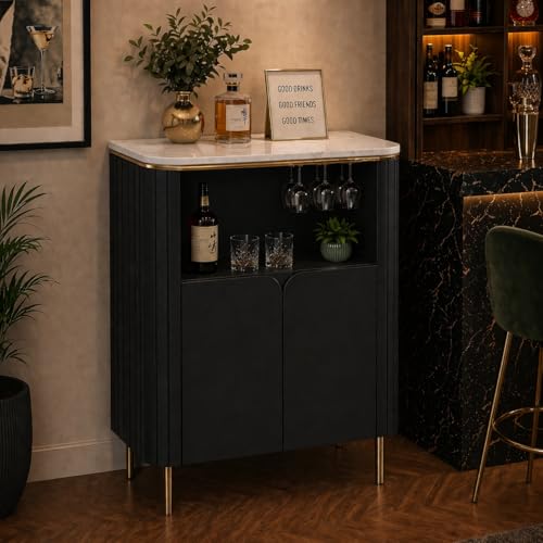 Image of The Attic Carlston Bar Cabinet, Hard and Soft Drinks Bar Storage Cabinet, Wine Wisky Scotch, Round Bar for Home, Black & Gold Finish