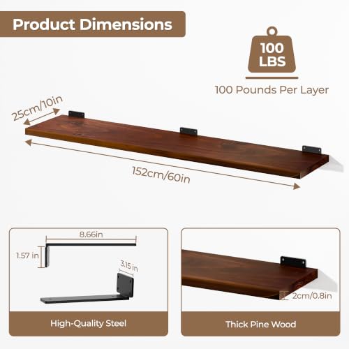 Image of 60 Inch Long Floating Shelf for Wall, 2 Tier Solid Wood Floating Book Shelf, Walnut Large Wall Shelf with Heavy Duty Brackets, Floating Bookshelf for Living Room