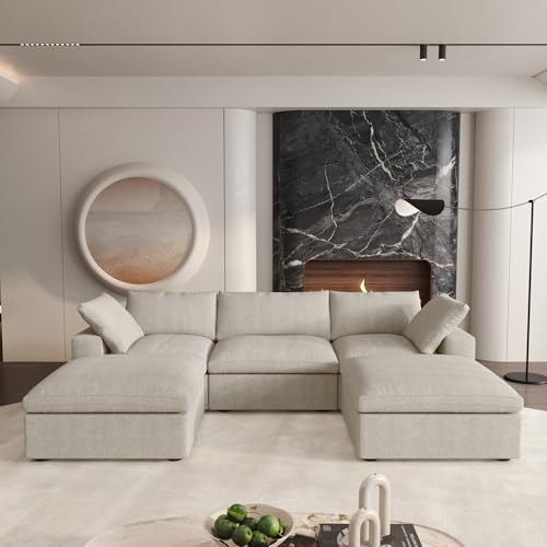 Cloud Couch 120" Sectional Couches for Living Room/Modular Convertible U Shaped Sofa Couch with 2 Storage Ottomans,5 Seater Minimalist Wide Deep Seat Sets (Khaki, 5 Seater)